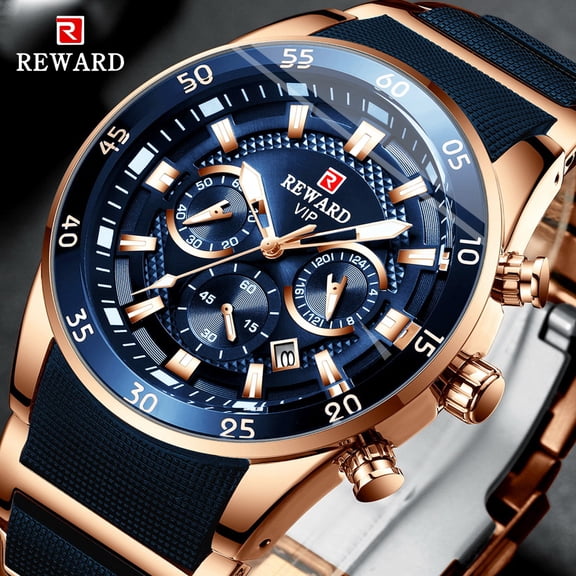 Men's VIP Luxury Chronograph Watch, blue dial, stainless steel case, silicone strap, water-resistant sports watch with date display, chronograph, luminous hands, stainless steel and silicone strap.