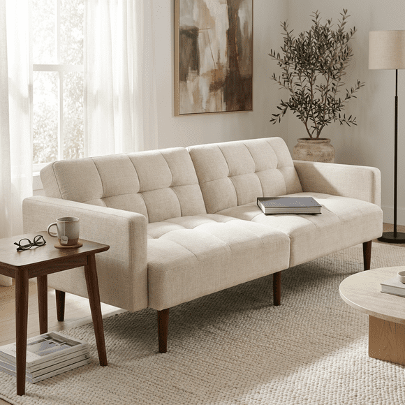 Aykah Canapé-Lit Marcel, Divan Convertible avec Assise Capitonnée, Utilisé comme Canapé-Lit Ou Futon avec Tissu Rembourré pour Salon et Chambre (Beige Sable)