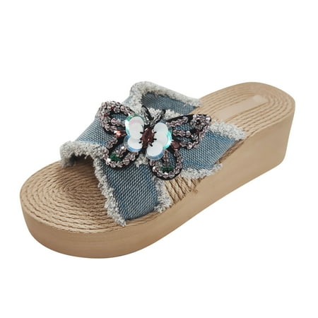 

Puawkoer Sandals Denim Beach Sandals With Sequins Summer Women s Linen Fashion Wedge Women s Sandals Women s sandals