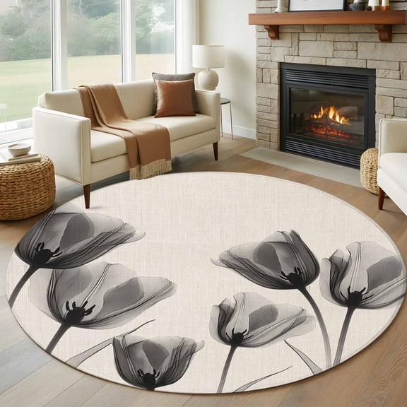 Vintage Tulip Round Area Rug 5 FT, Non Slip Bedroom Area Rug, Black Grey Beige Bloom Flower Floral Washable Soft Circular Carpet Non-Shedding Floor Mat for Kitchen Dining Room Foyer Balcony Dorm