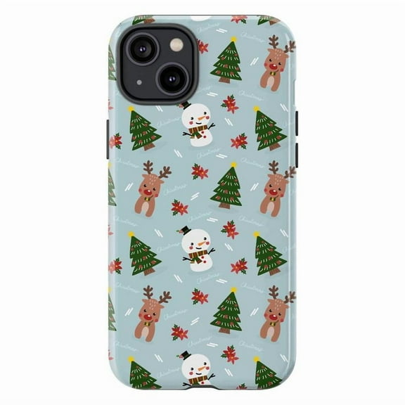 Christmas Fun Phone Case, Cute Snowman & Reindeer with Trees iPhone Cover, Festive Holiday Design for iPhone 17 16 15 14 13 12 11 Pro Plus Mini