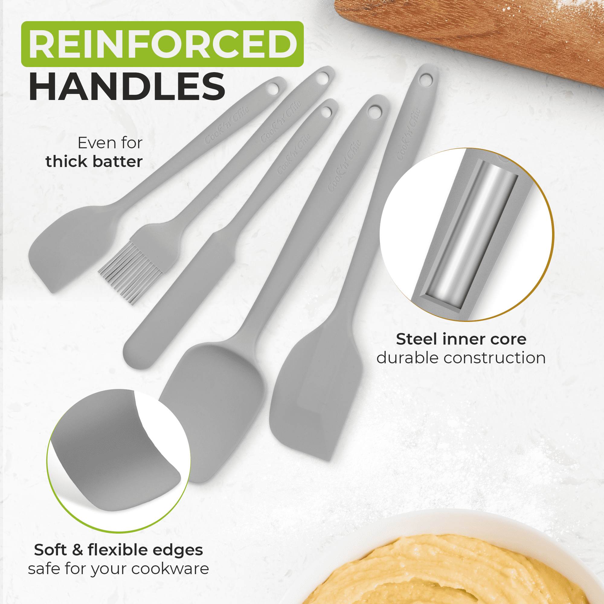 Kitchen Utensils Set | Cooking Set | Platinum Silicone | Durable | Food Safe | Steel Inner Core | Soft Edges | Baking Gift by Cook'n'Chic
