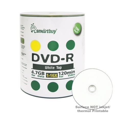 100 Pack Smartbuy 16X DVD-R 4.7GB 120Min White Top (Non-Printable) Data Blank Media Recordable