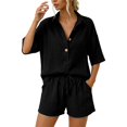 thumbnail image 2 of MAIHAN Linen Sets for Women 2 Piece 2026 Summer Vacation V Neck Short Sleeve Beach Outfits Oversized Button Casual Suits(Black,XL), 2 of 8