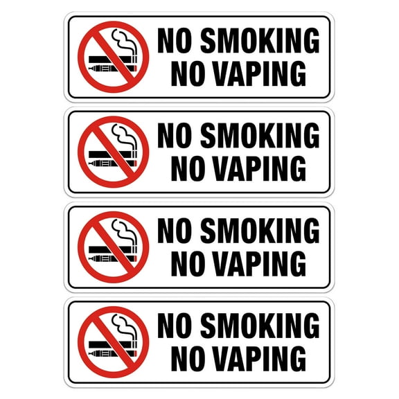 No Smoking No Vaping Sign, (4 Pack) 9 X 3 Inch, Self-Adhesive, Use for Home Office/Business, Easy to Apply, Black Big Letters on White Plate