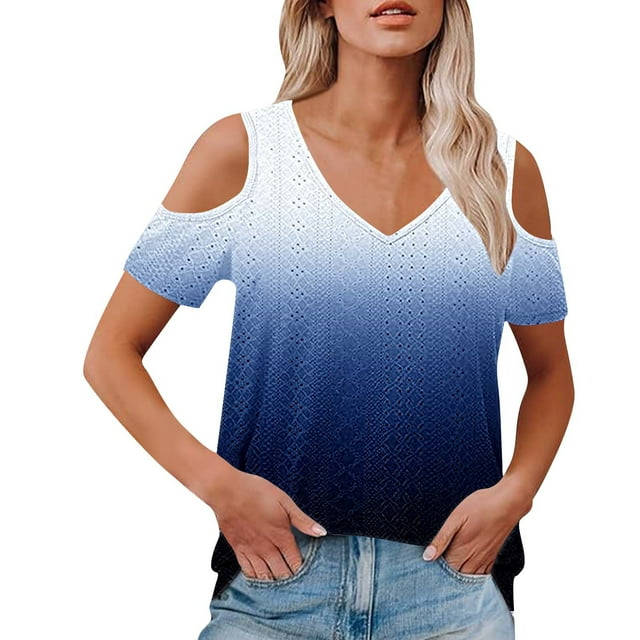 Tnhcen Women's Summer Loose Fit Off-Shoulder V-Neck Gradient Top - Breathable Spandex Blend Plus Size S-2XL Mesh Shirt