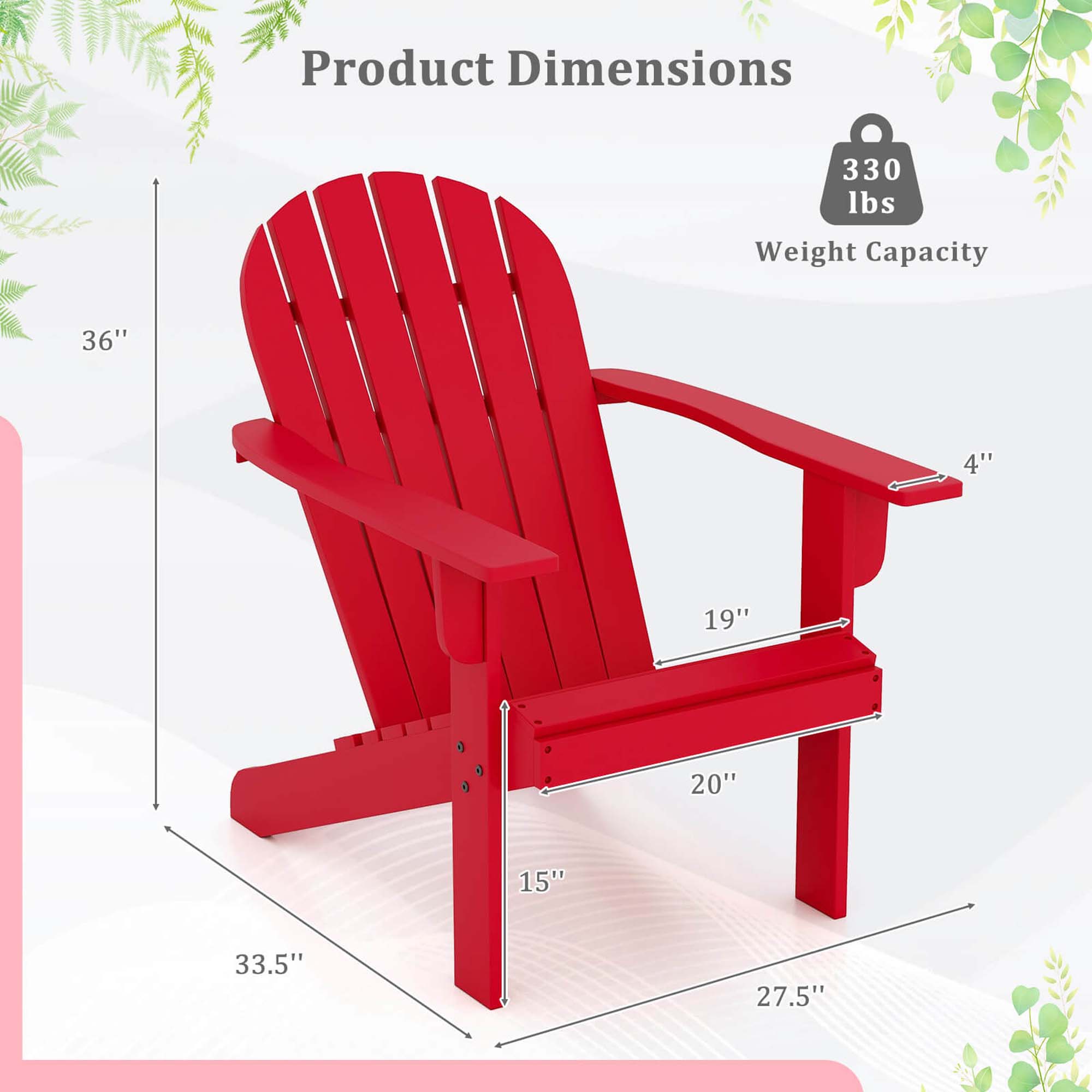 Costway Patio Adirondack Chair with  Inclined Seat High Backrest & Wide Armrests Red