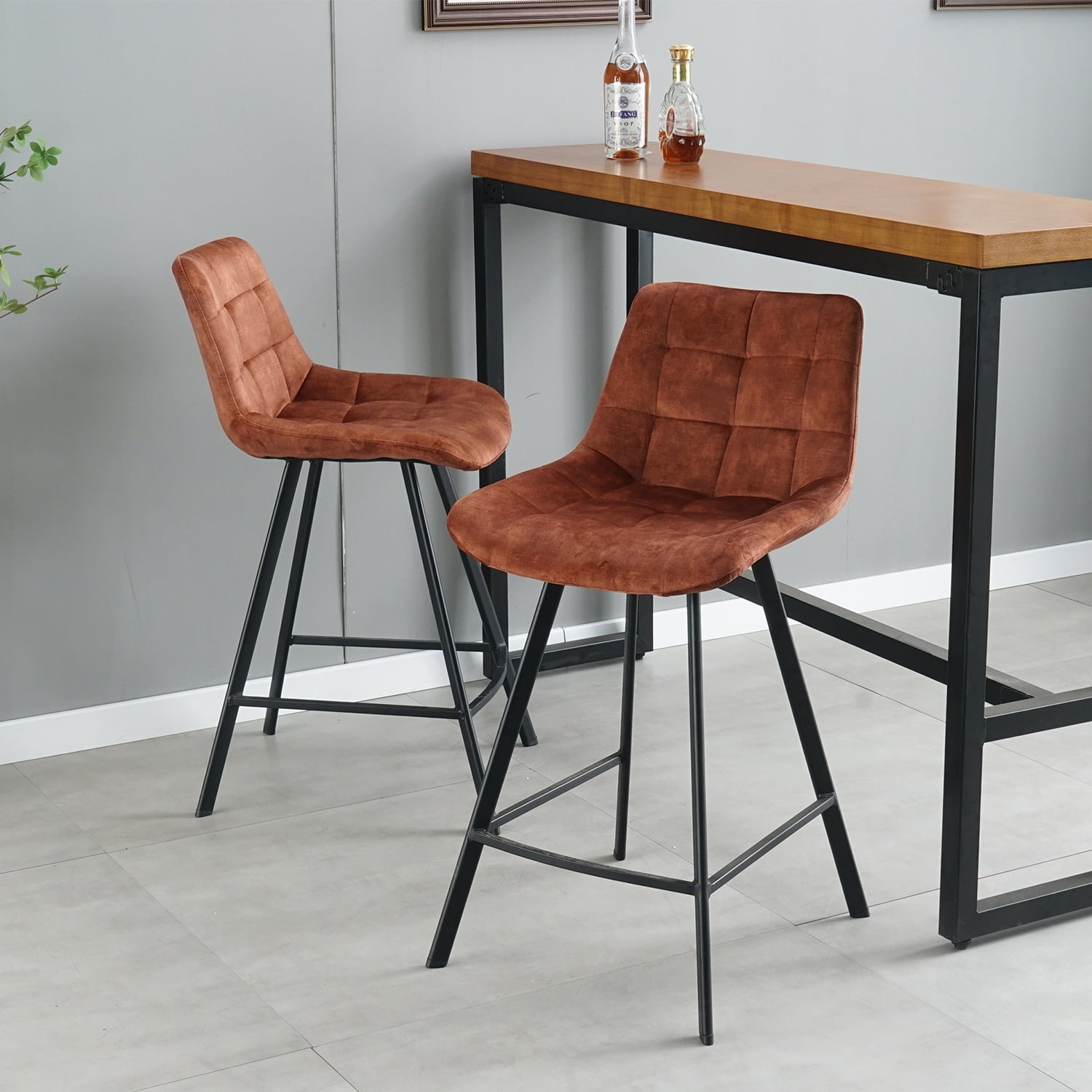 Kadyn Modern Iron High Counter Leisure Bar Chair, Comfortable Nordic Metal Bar Stool Set of 2, Metal Bar Chair for Kitchen Counter, Rustic Brown