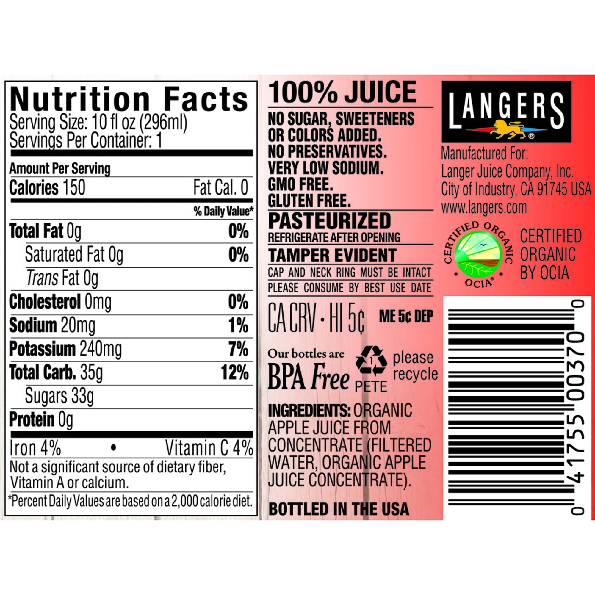 Langers 100% Organic Juice, Apple, 10 Fl Oz, 12 Count