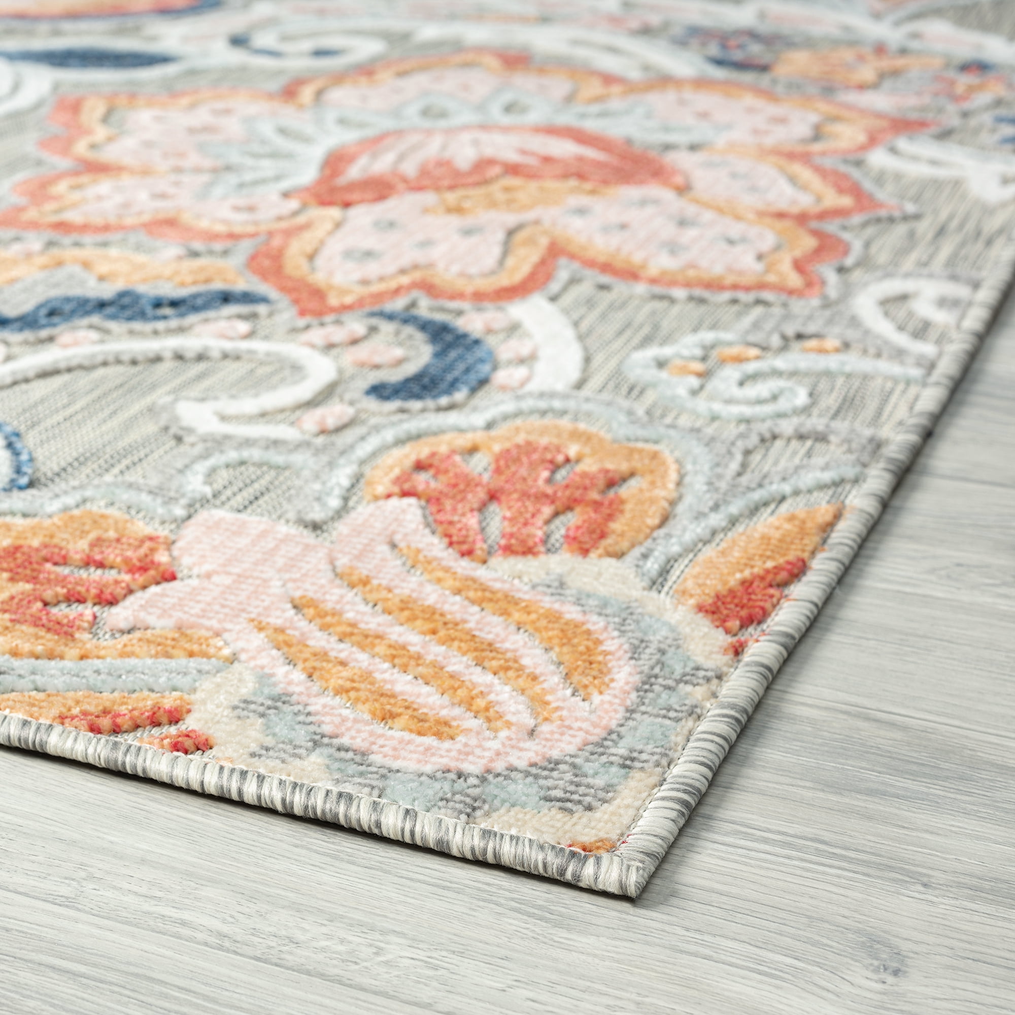 Bliss Rugs Floral Indoor Outdoor Rug Water Resistant Runner Rug for Patio, Hallway, Entryway, Deck, Gray ,2' x 8'