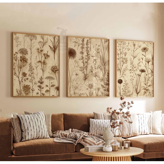Neutral Wildflower Botanical Vintage Floral Wall Art Set 3 Unframed Paper Print 8x12