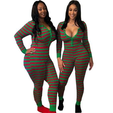 

Women Christmas Sleep Long Sleeve Striped Pajama Set Ladies Slim Fit Home Clothes Xmas Nightwear
