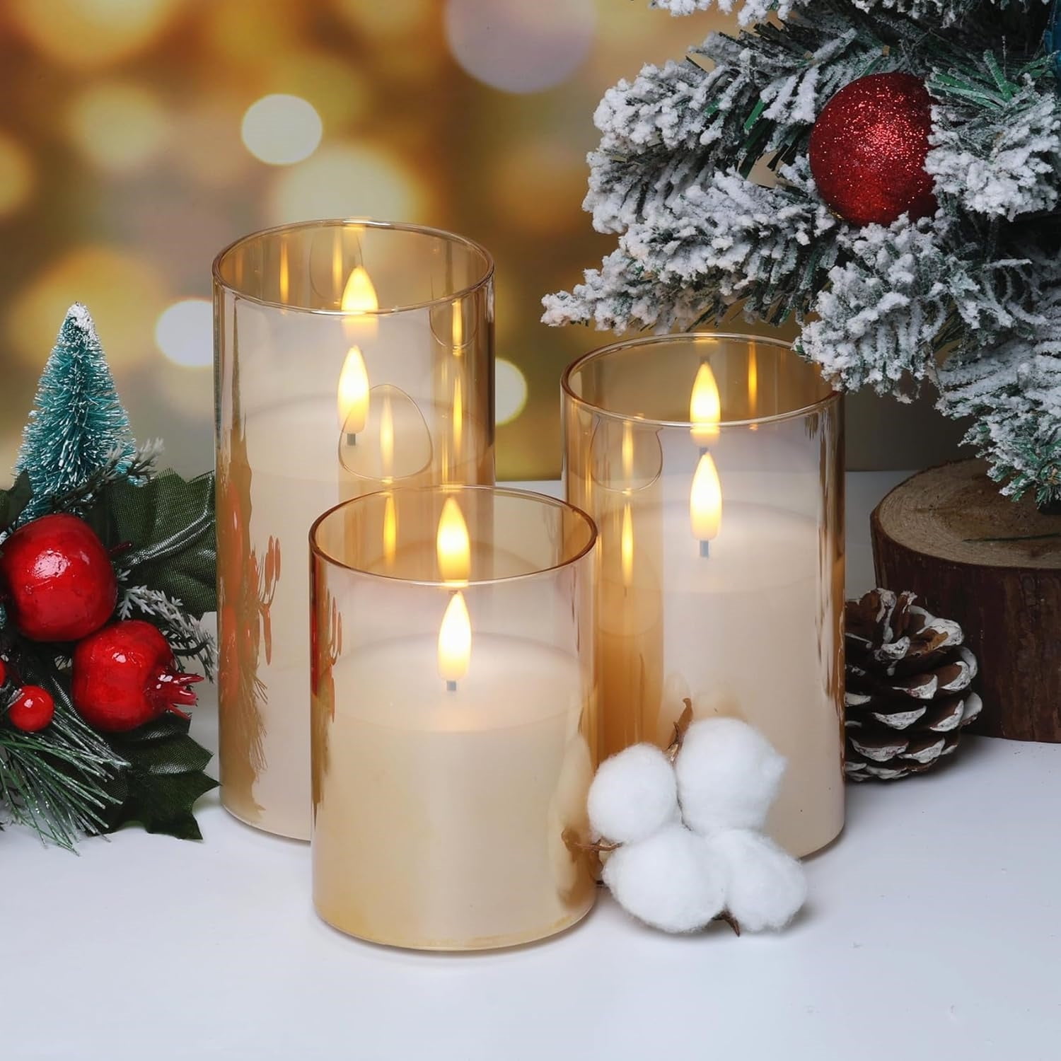 Flameless Candles Flickering with Remote, LINKPAL 3 Pack Candles Battery Operated with Timer, Plexiglass LED Candles for Home Table Decor, Gold