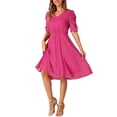 thumbnail image 4 of INSPIRE CHIC Women's Dress Chiffon Metallic Stars Ruched Sleeve V Neck A-line Dress L Hot Pink, 4 of 6