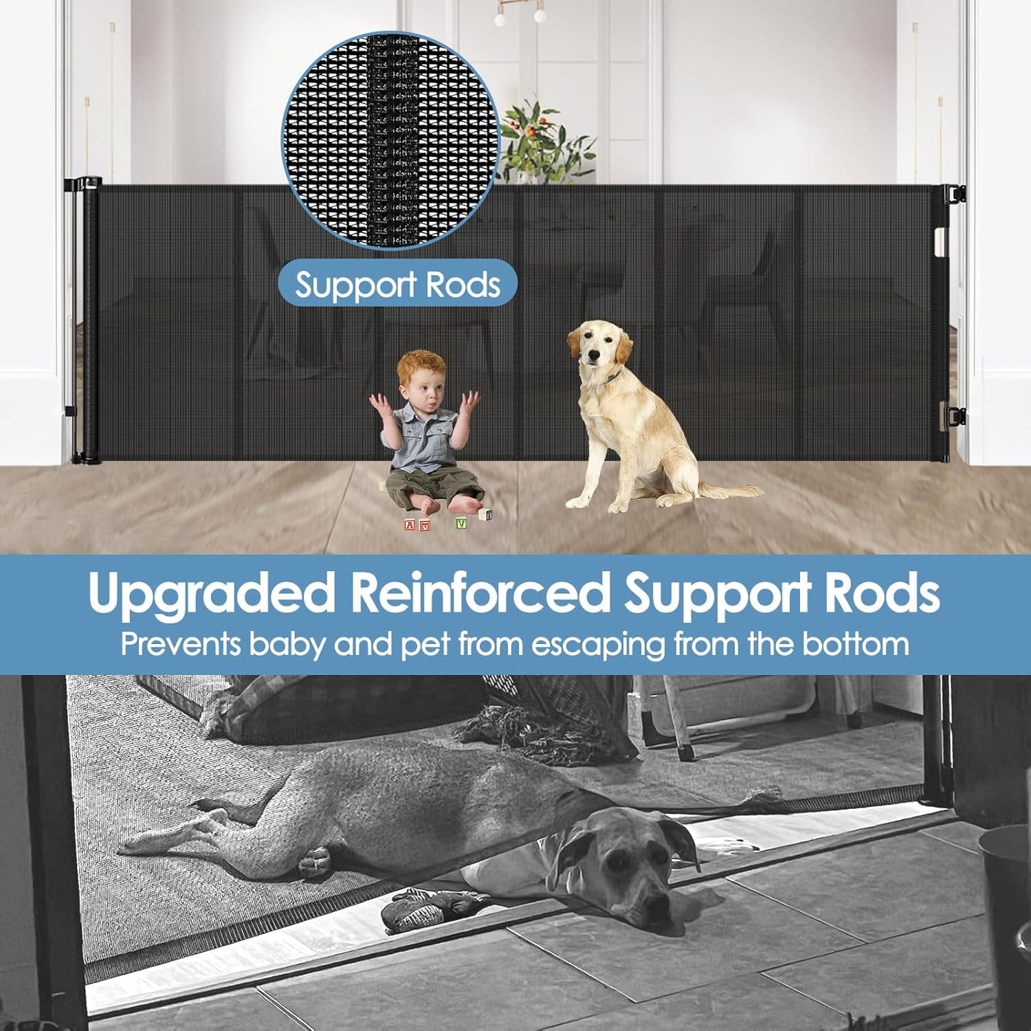 100” Wide Retractable Baby Gate with Support Rods, Upgrade Extra Wide Dog Gate Retractable Pet Gate to Prevent Crawling Through, Indoor/Outdoor Mesh Gate for Large Openings (Black)