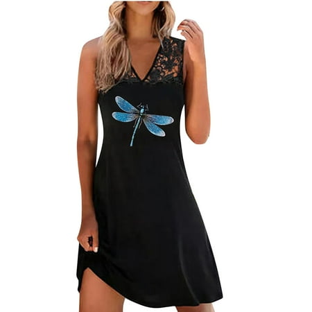 

Juebong Women s Summer Fashion Casual Sleeveless Printed Beach Lace Vest Dresses