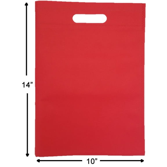 100 Reusable, Red Color, Size of 10" W x 14" H (W x H), Die-Cut Handle, Non-Woven Polypropylene, Heavy 60 GSM, Bags. 50 Bags/Box, 2 Box / Case, 100 Bags / Case / Order.