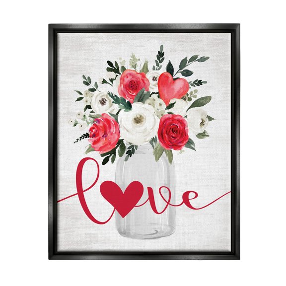Stupell Industries Floral Valentine's Love Bouquet Botanical & Floral Painting Black Floater Framed Canvas Art Print Wall Art, 17 x 21