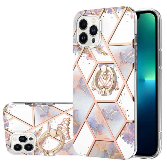 SaniMore for Apple iPhone 14 Pro Max Case 6.7-inch, Shockproof TPU Fashion Marble Pattern Cover for iPhone 14 Pro Max Women Men with Ring Kickstand Holder Clear Bumper Protection Cover, Crown