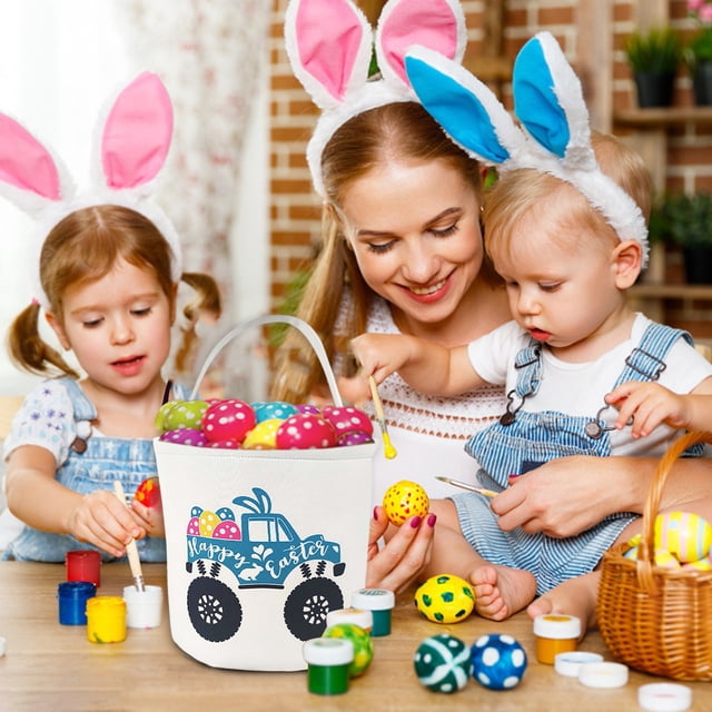 Easter Gift Baskets for Kids Easter Basket Holiday Rabbit Bunny Printed Canvas Gift Carry Candy Bag Easter Gift Bags with Handles Easter Gift Bags for Kids Easter Candy Baskets for Kids