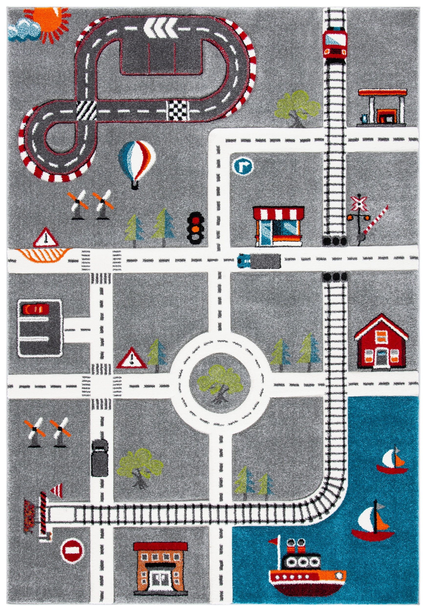 SAFAVIEH Carousel Kids Devan Train Track Area Rug, Grey/Ivory, 3'3" x 5