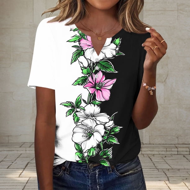 TaTaai Women Fashion V Neck Button Detail T Shirts Random Print Loose Short Sleeve Tops Casual Soft Comfortable Lightweight Daily Home Outfits Gift