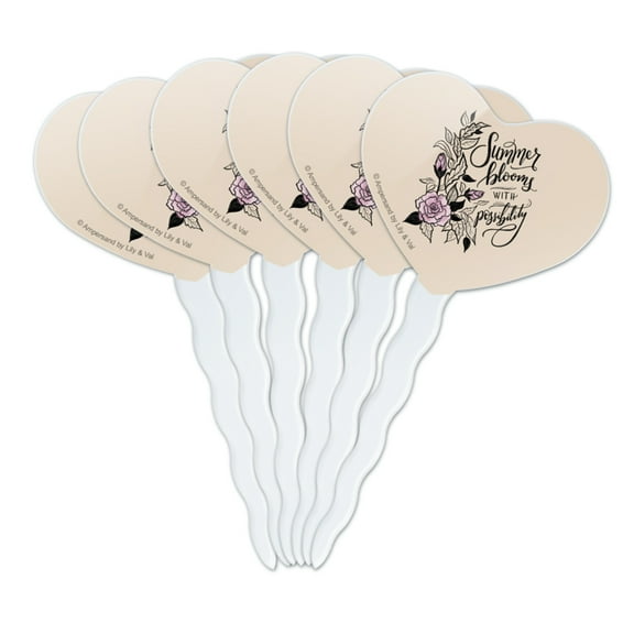 Summer Blooms with Possibility Heart Love Cupcake Picks Toppers Decoration Set of 6