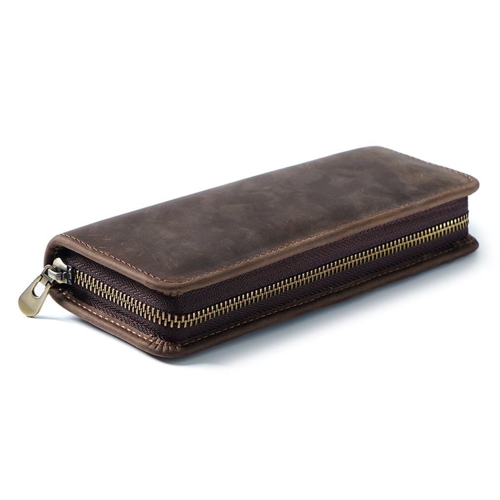 Leather Pen Case Zippered Leather Pen Pouches Elastic Pen Slots for Women Men