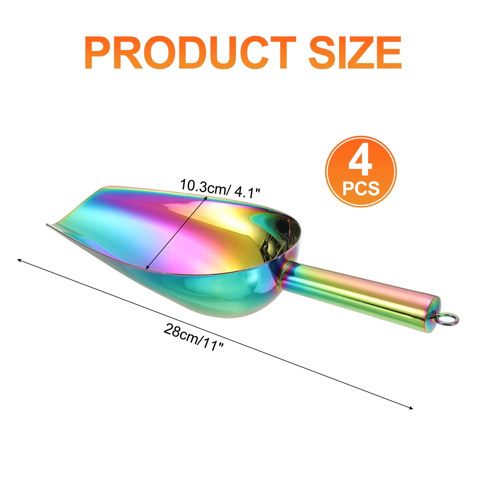 4pcs Metal Ice Scoop, 11 inch Stainless Steel Ice Scooper for Bar Use, Rainbow