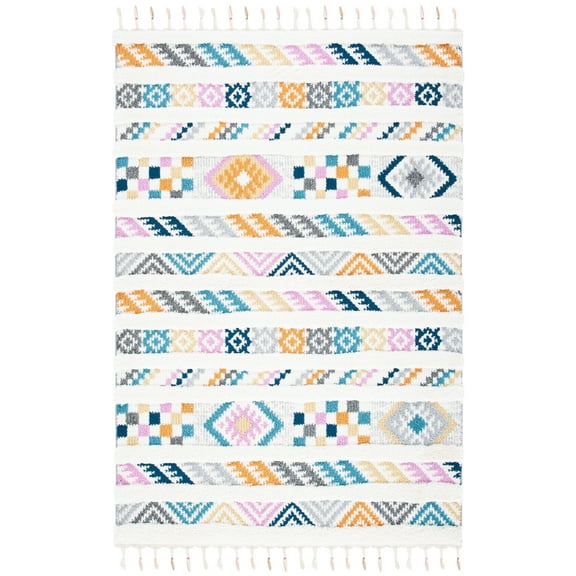 SAFAVIEH Moroccan Fringe Lacklan Southwestern Shag Area Rug, Ivory/Blue, 5'3" x 7'6"