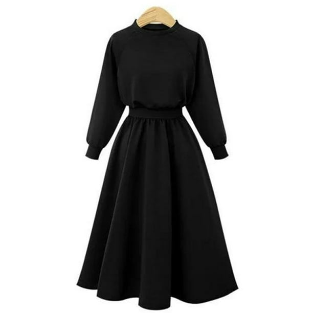 Vestido largo de manga larga con cuello redondo para mujer Vestido largo informal de cintura alta con pajarita de color sólido Adepaton BST3003108-2