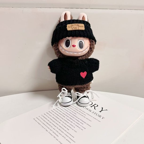Ropa de muñecas Labubu de 17cm, accesorios de traje de monstruo para fiesta sentada, sombrero con letras Labubu, suéter de amor, zapatos informales ES06F