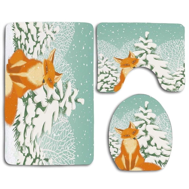 ABPHQTO Fox Red Fox sentado en el bosque de invierno cubierto de nieve pinos dibujos animados de Navidad Juego de alfombras de baño de 3 piezas Alfombra de baño Alfombra de contorno y tapa de inodoro