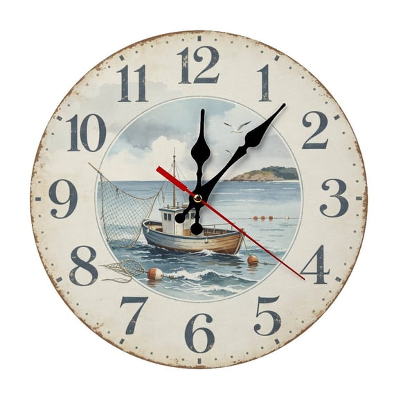 Small Fishing Boat Scene Durable Wooden Analog Wall Clock, Silent Sweep Clock for Living Room & Office Decor
