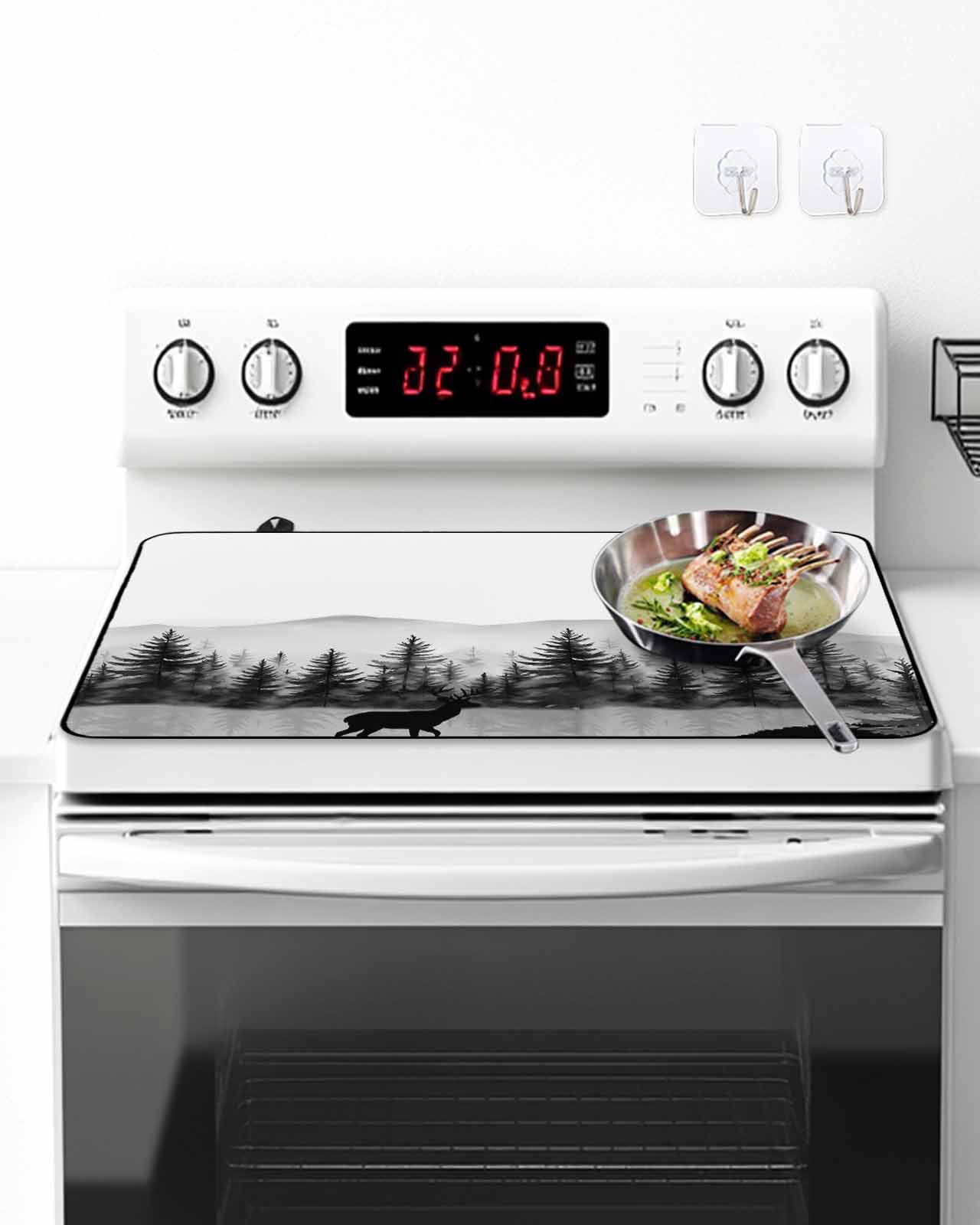 Stove Top Covers for Electric Stove, Black Forests Glass Stovetop Cover Protector, Pine Trees Elk Foggy Farmhouse Rustic Induction Cooktop Protector Oven Mat for Kitchen Countertop 24"x21"