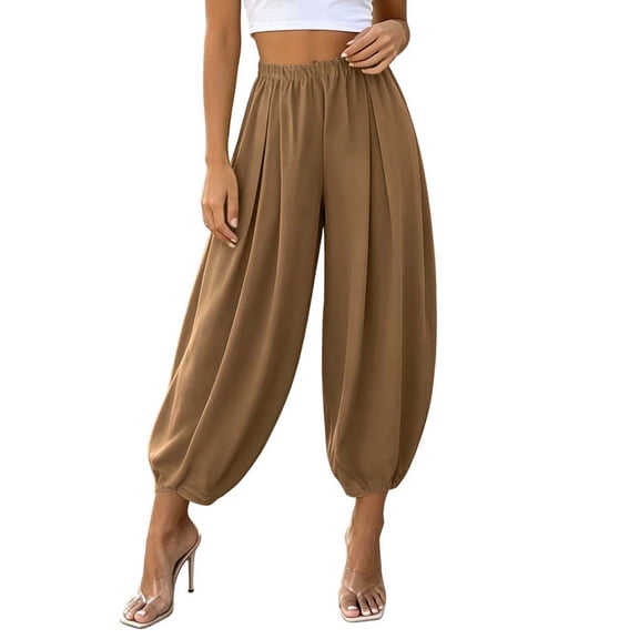 Hurxie Baggy Wide Leg Pants Womens Cotton Barrel Pants Mid Waisted Balloon Pants with Pockets Khaki,XL
