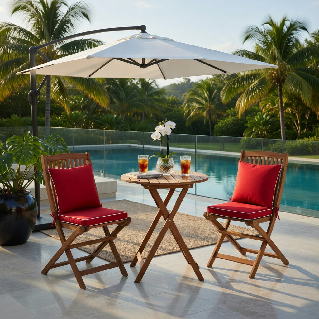 Hommoo 3-Piece Foldable Outdoor Bistro Set, Acacia Wood Patio Chairs & Round Coffee Table with Removable Cushions, Red