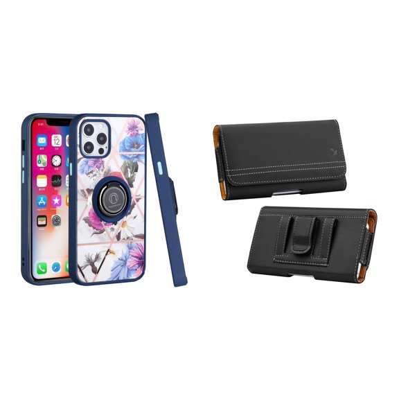 Bemz Ring Series Case for iPhone 14 Pro Max (TPU Silicone Cover with Magnetic Stand) and PU Leather Magnetic Travel Belt Holster Pouch - Blue Purple Flowers