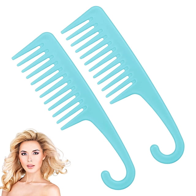 Peines de ducha con peine de dientes anchos: 2 peines de dientes anchos para mujeres, peine de ducha desenredante con gancho, bueno para cabello rizado, húmedo, seco, largo y liso Fokelyi WRMH-1011-2