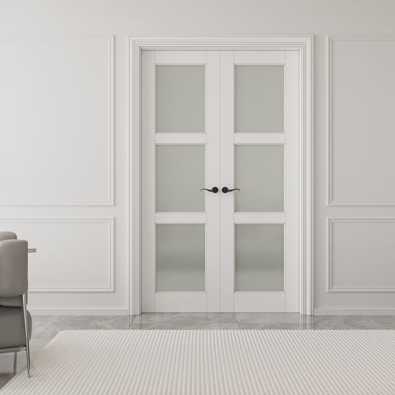 48" x 80" 3-Lite Frosted Glass French Door Solid Wood Manufacture Interior Double Bathroom Door With Hardware Kit