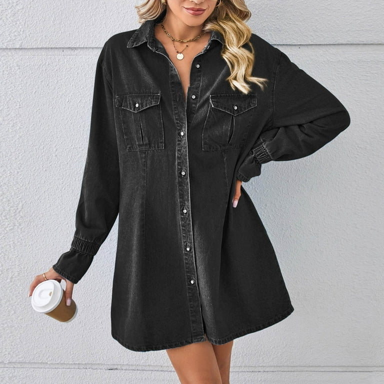 Denim Shirt Dress Black Denim Dress Long Sleeve 2025 Denim Long