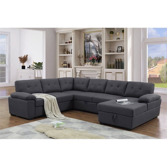 Alexent L-Shaped Sleeper Sectional Sofa with Storage Chaise, High-Density Foam Upholstered Convertible Pull-Out Bed, Tufted Linen Fabric Couch for Living Room, Apartment, Dark Gray