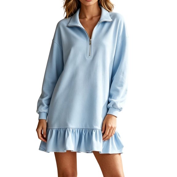 Eawtki Women's Half Zip Long Sleeve Mini Dress Ruffle Hem Loose Fit Casual Summer Sweatshirt Dress For Women