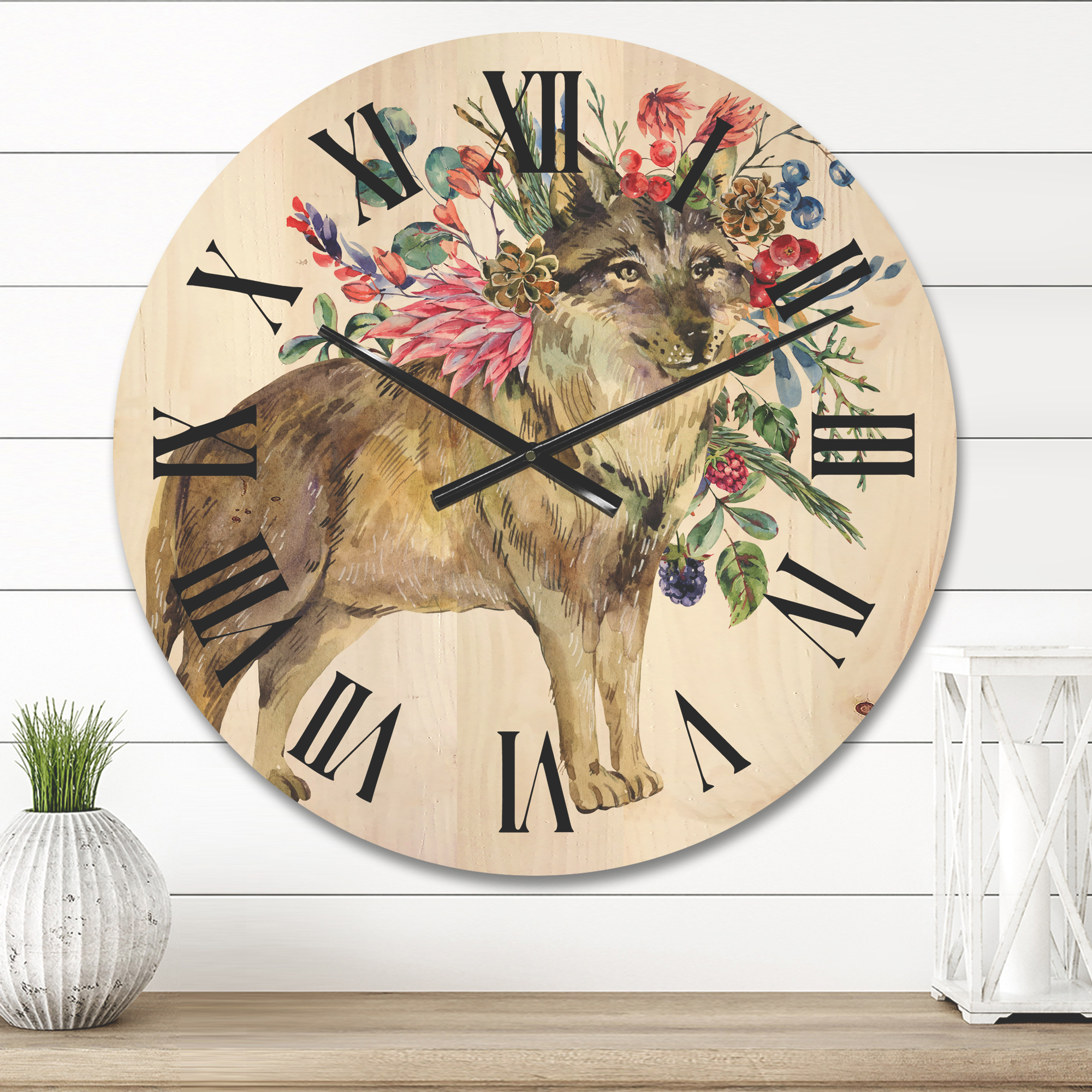 Designart 'Wolf With Woodland Flowers On White' Farmhouse Wood Wall Clock