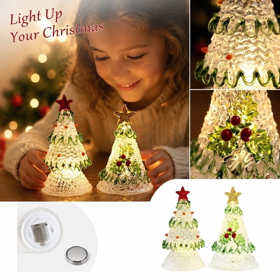 2 Pcs LED Lighted Mini Glass Christmas Tree, Tabletop Glowing Xmas Tree Figurine with Star Topper and Holly Berry Decor, Home Desktop Christmas Decor