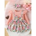 thumbnail image 2 of EYIIYE Infant Baby Girl Fall Outfits Toddler Long Sleeve Jumpsuit Dress Bow Front Floral Dress Newborn Crew Neck Suspender Dress with Headband Cute Soft Set, 2 of 9