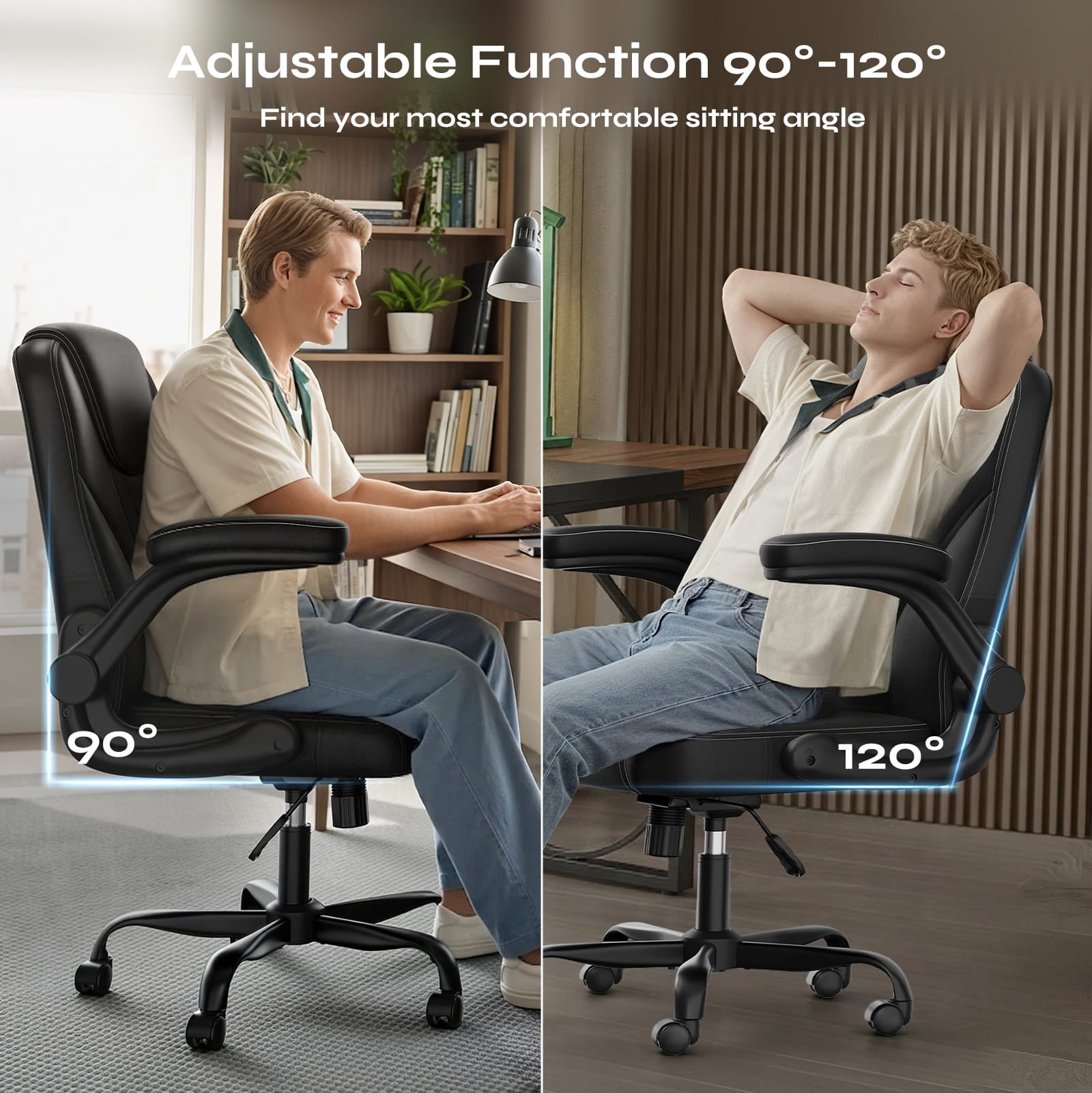 Pinmoco Ergonomic PU Leather Office Chair, High Back Executive Computer Desk Chair with Double-Layer Cushion, Swivel Gaming Chair with Wheels and Flip-Up Armrests, Black