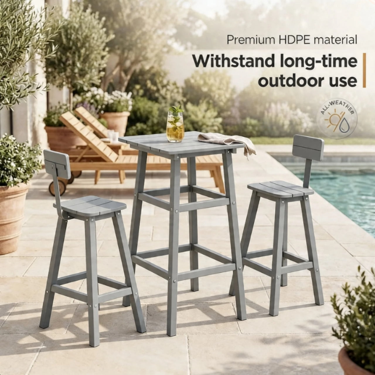 3 Piece Outdoor Bar Set Patio HDPE Dining Set with Square High-Top Table Footrest & Backrest