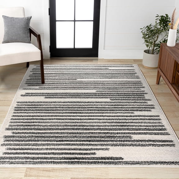 8x10 Modern Berber Stripe Cream/Black Indoor Area Rug, Contemporary, Bohemian, Easy-Cleaning for Living Room, Bedroom, Kitchen, Pet Friendly, Non-Shedding (MOH207A-8)