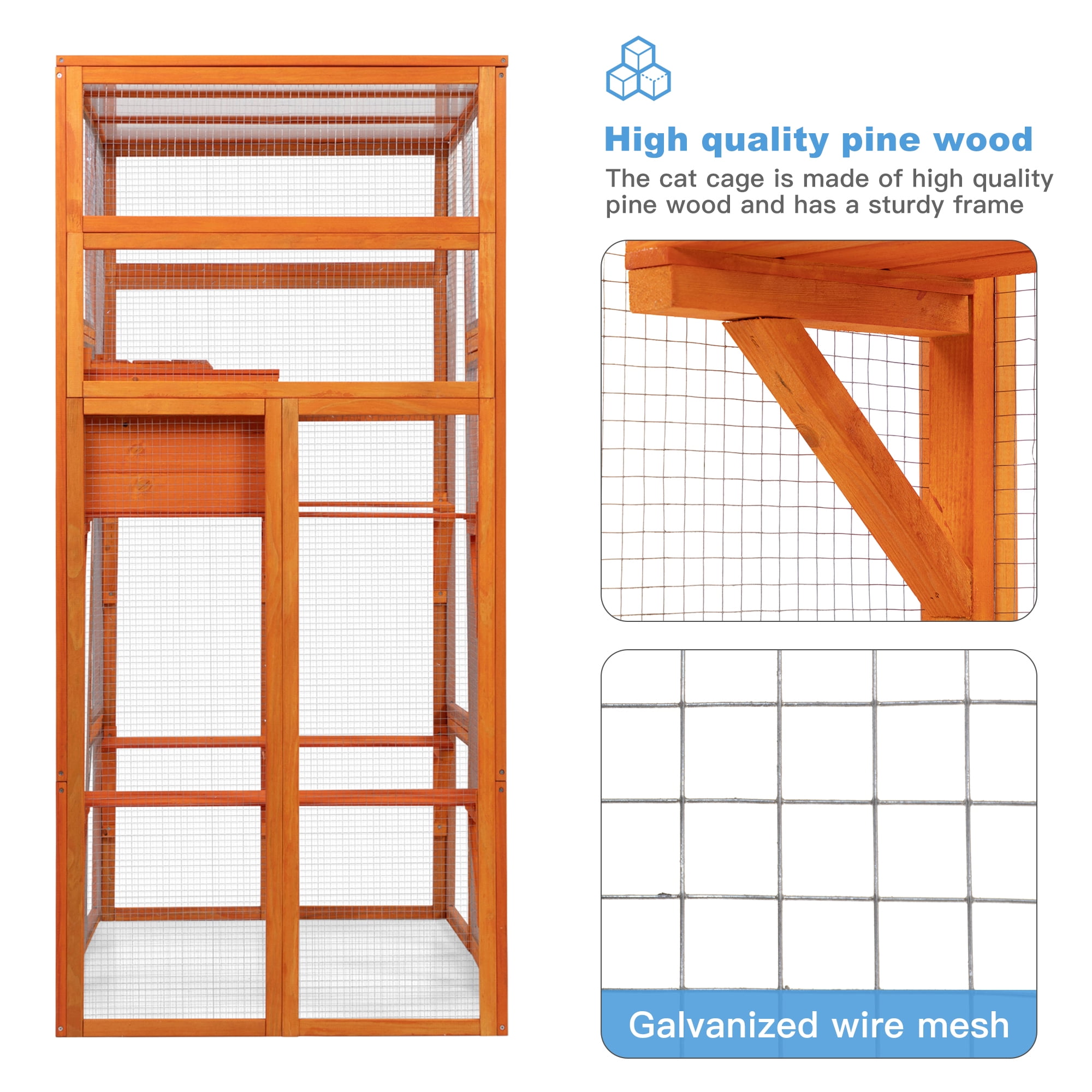 Pefilos 70" Outdoor Cat House for Large Cats, Enclosure Wood Cat Cage with Platforms and Small House, Kitty Catio Condo Playpen, Orange